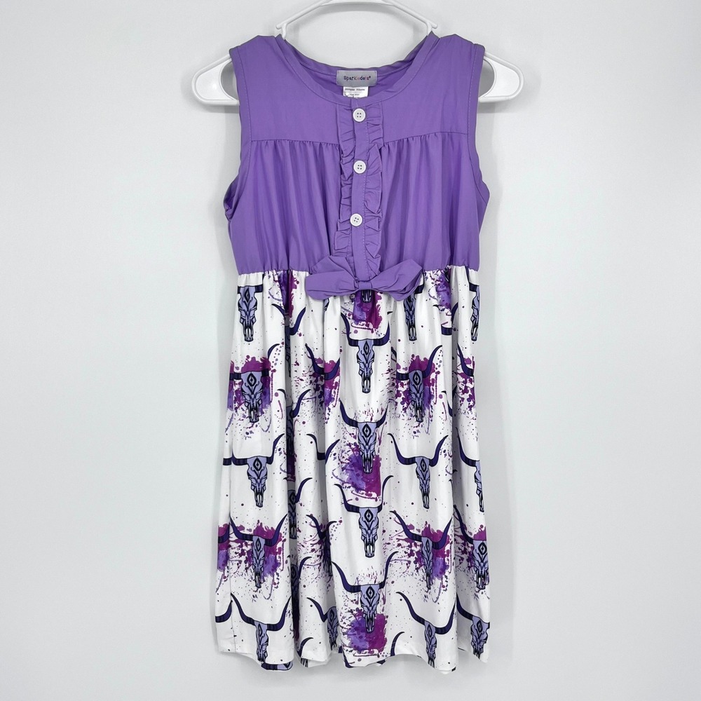 Sparkledots Dress‎ Girls 10/12Y Purple Western Steer Skull Ruffle Bow Sleeveless